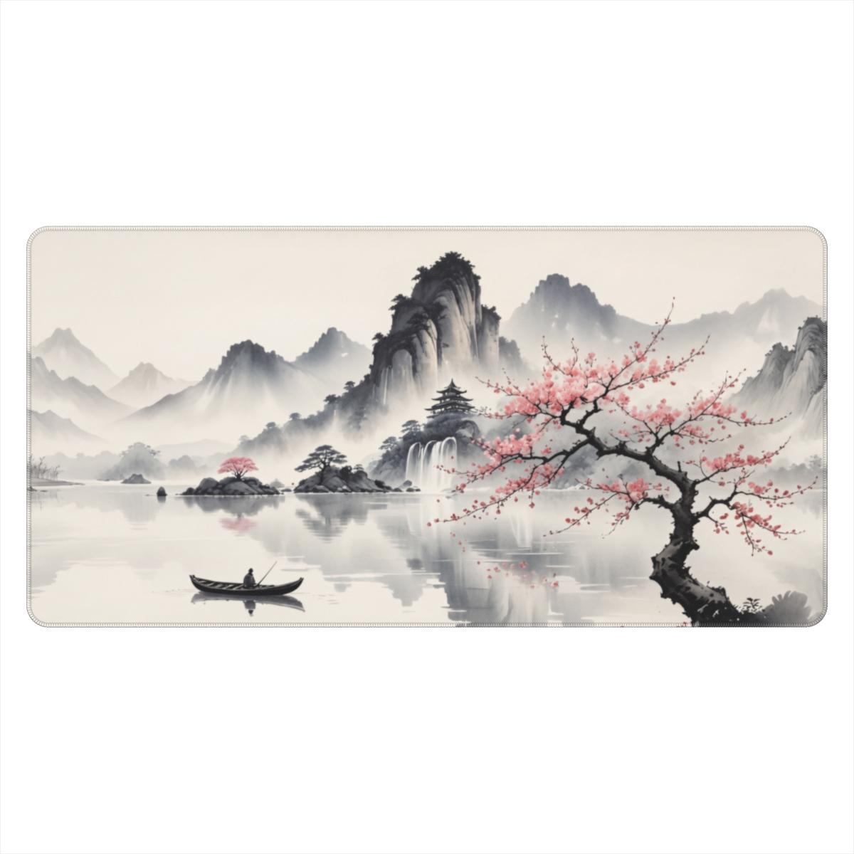 Drift — Japanese Ink-Wash Mountain Lake Desk Mat