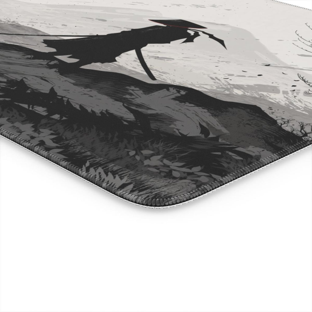 Red Sun — Minimalist Samurai Silhouette Desk Mat