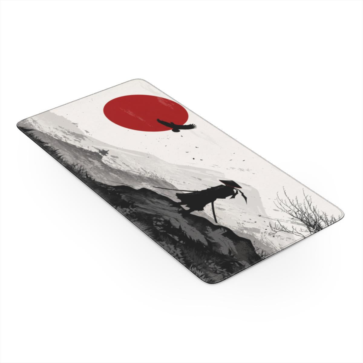 Red Sun — Minimalist Samurai Silhouette Desk Mat