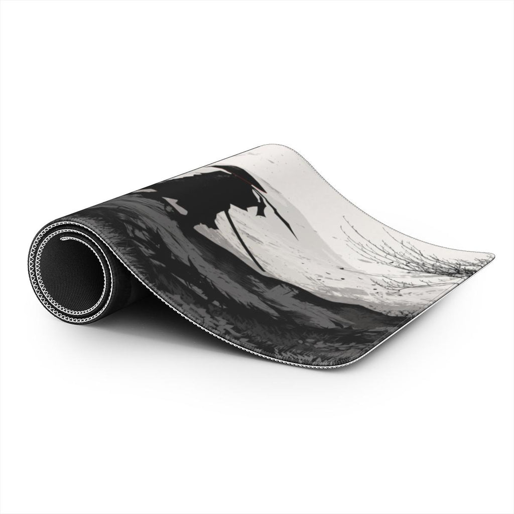 Red Sun — Minimalist Samurai Silhouette Desk Mat