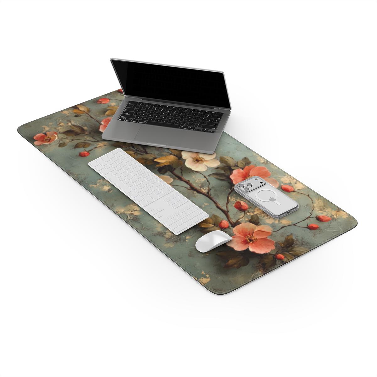 Vintage Floral Oil Painting Desk Mat | Coral Blooms | Sumi Studio