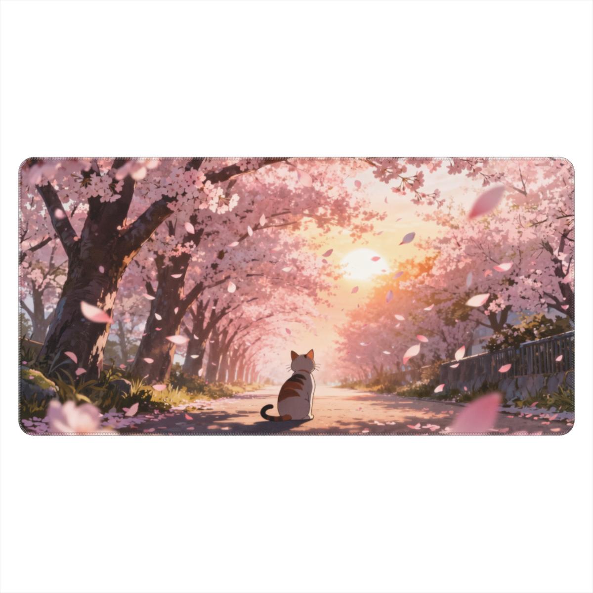 Cherry Blossom Cat Anime Desk Mat | Cozy Art | Sumi Studio