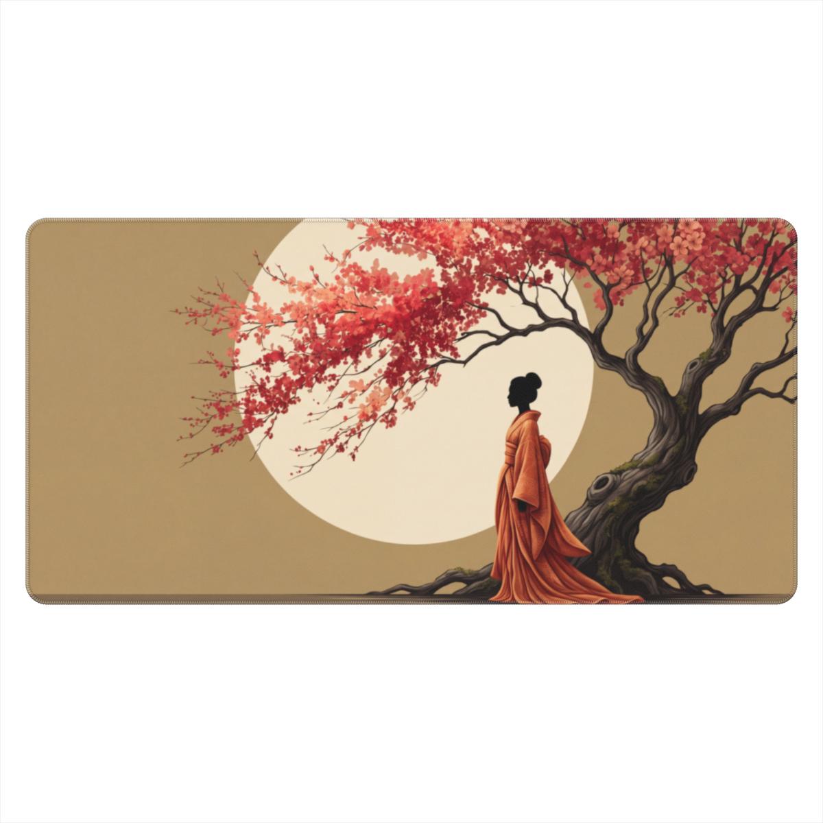 Kimono Woman Cherry Blossom Moon Desk Mat | Sumi Studio