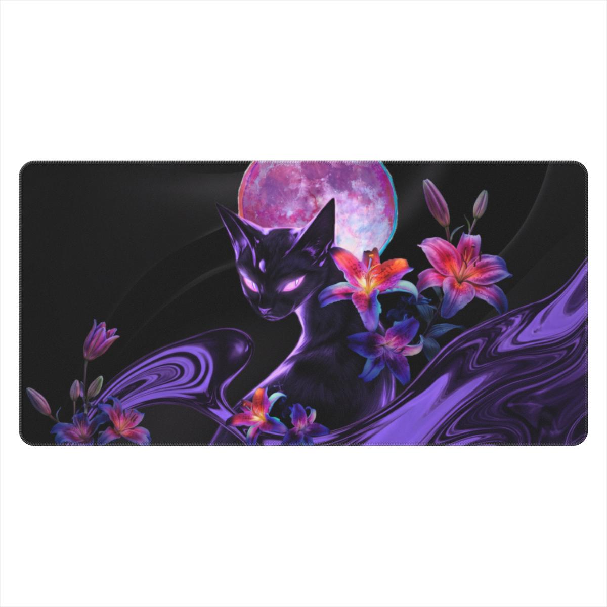 Mystic Purple Black Cat Moon Desk Mat | Dark Art | Sumi Studio
