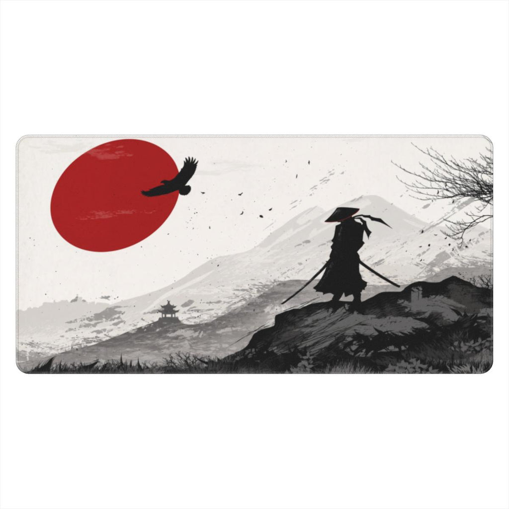 Red Sun — Minimalist Samurai Silhouette Desk Mat