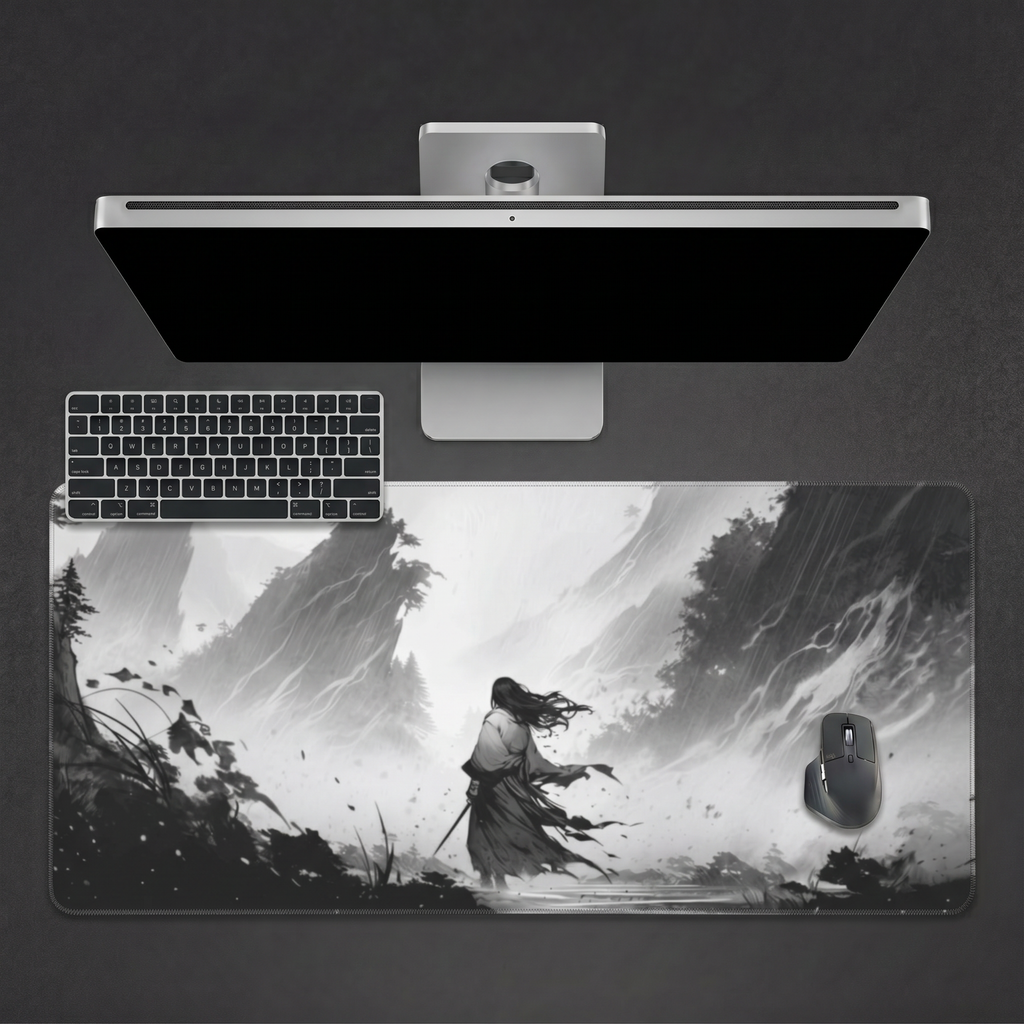 Against the Wind — Black & White Samurai Desk Mat
