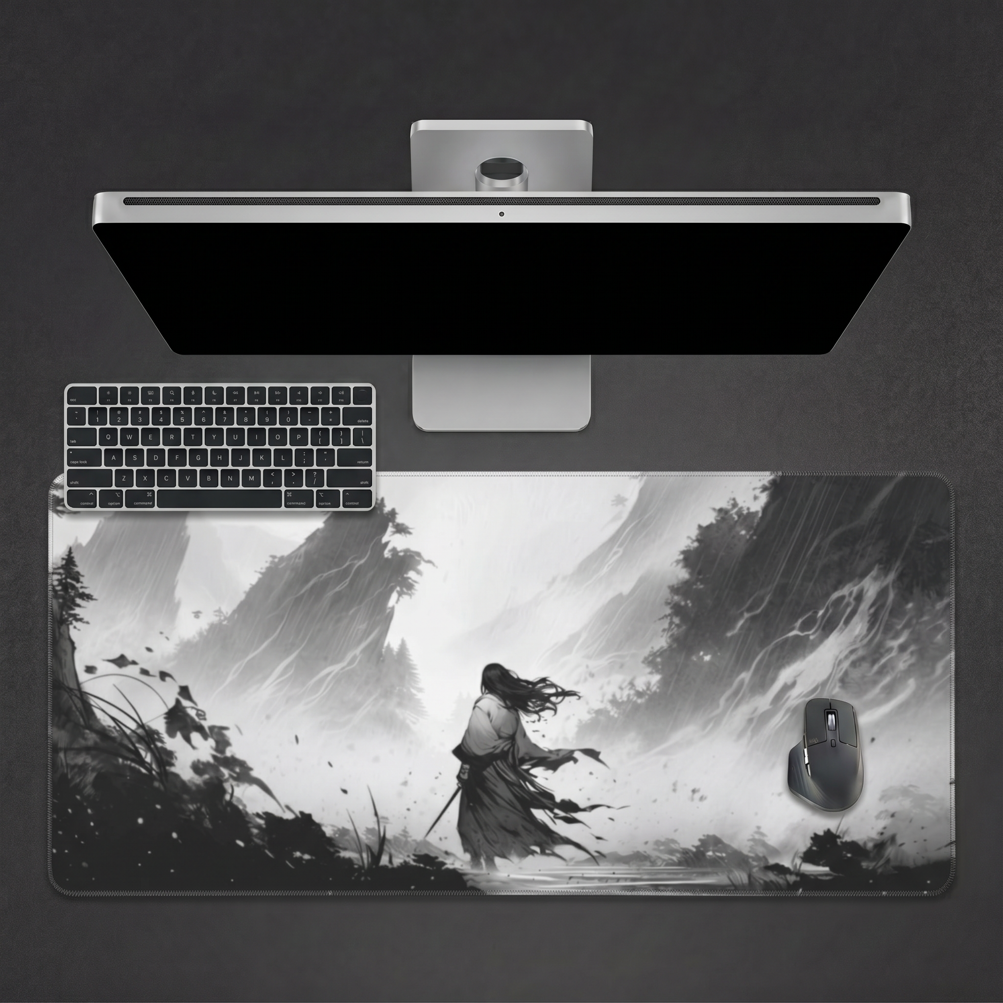 Against the Wind — Black & White Samurai Desk Mat