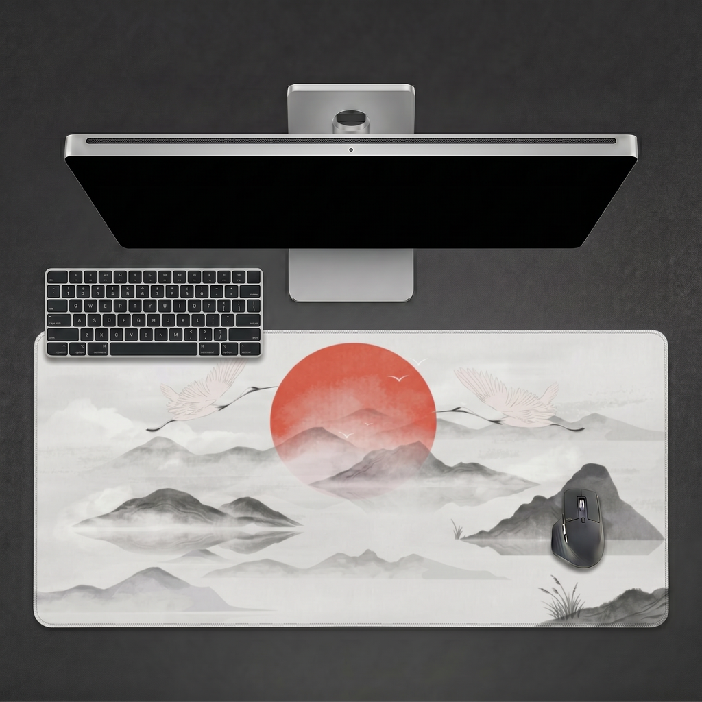 Crane Song — Japanese Ink-Wash Crane Desk Mat