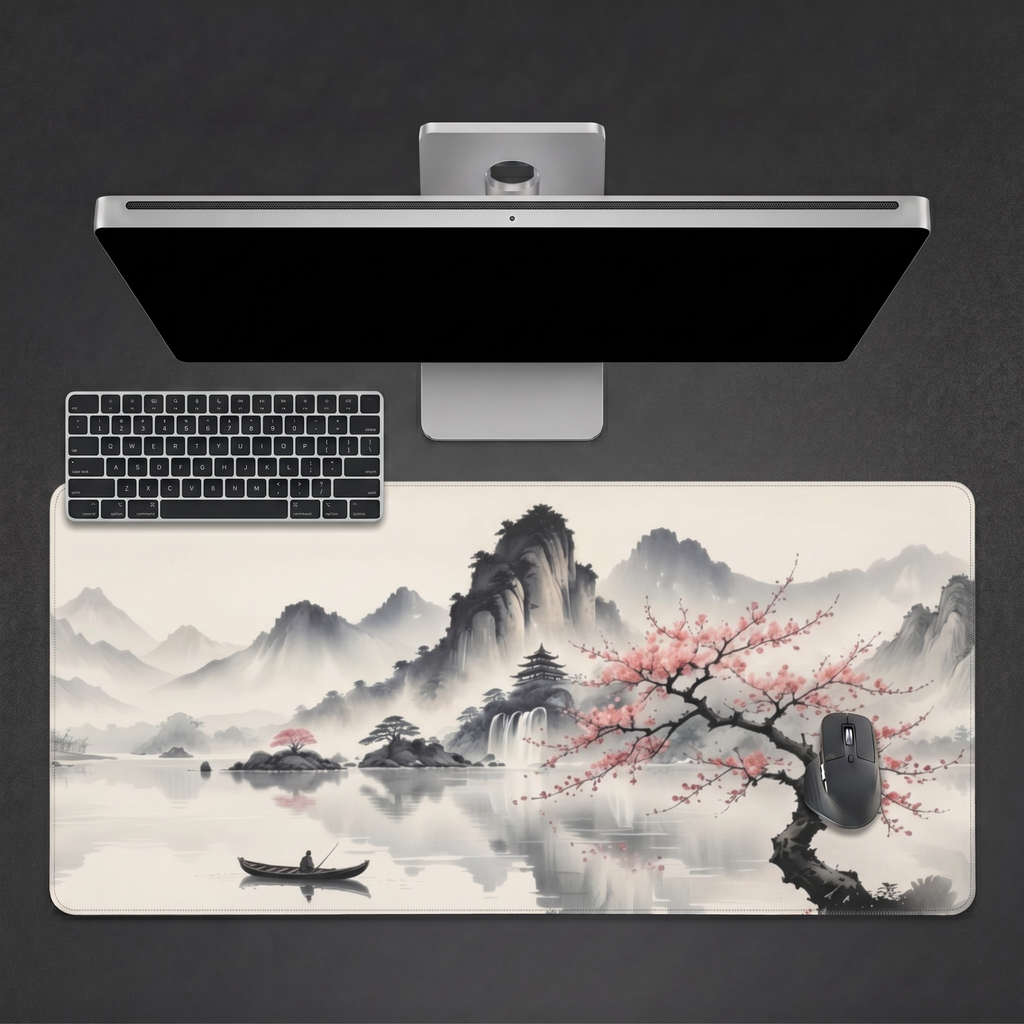 Drift — Japanese Ink-Wash Mountain Lake Desk Mat