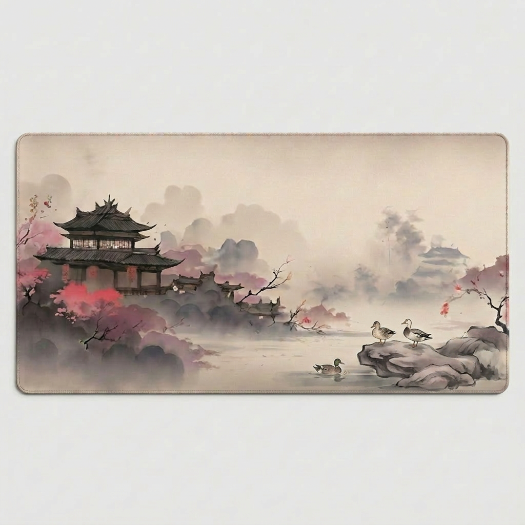 Still Waters — Japanese Ink-Wash Cherry Blossom Desk Mat