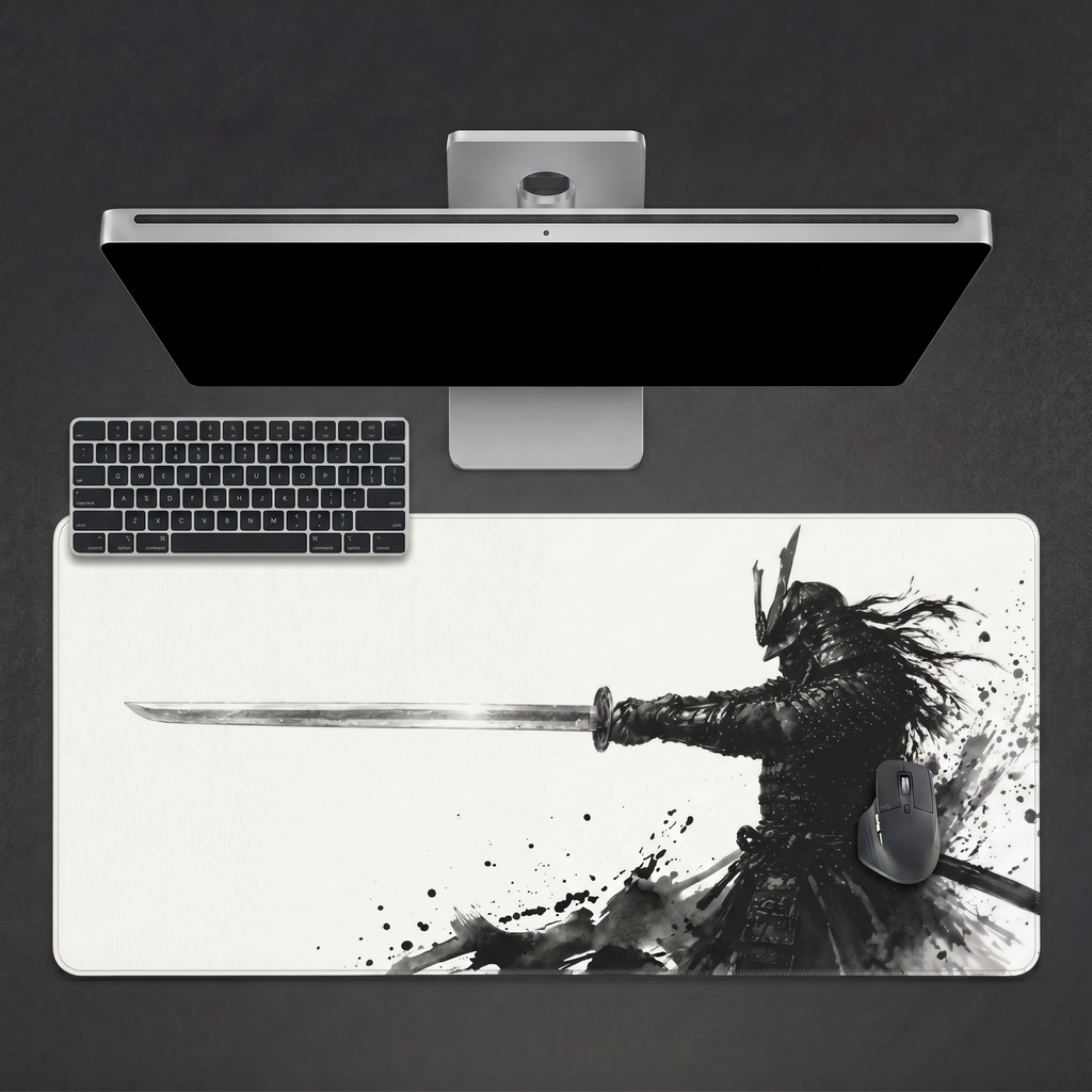 Ink & Steel — Black & White Samurai Desk Mat