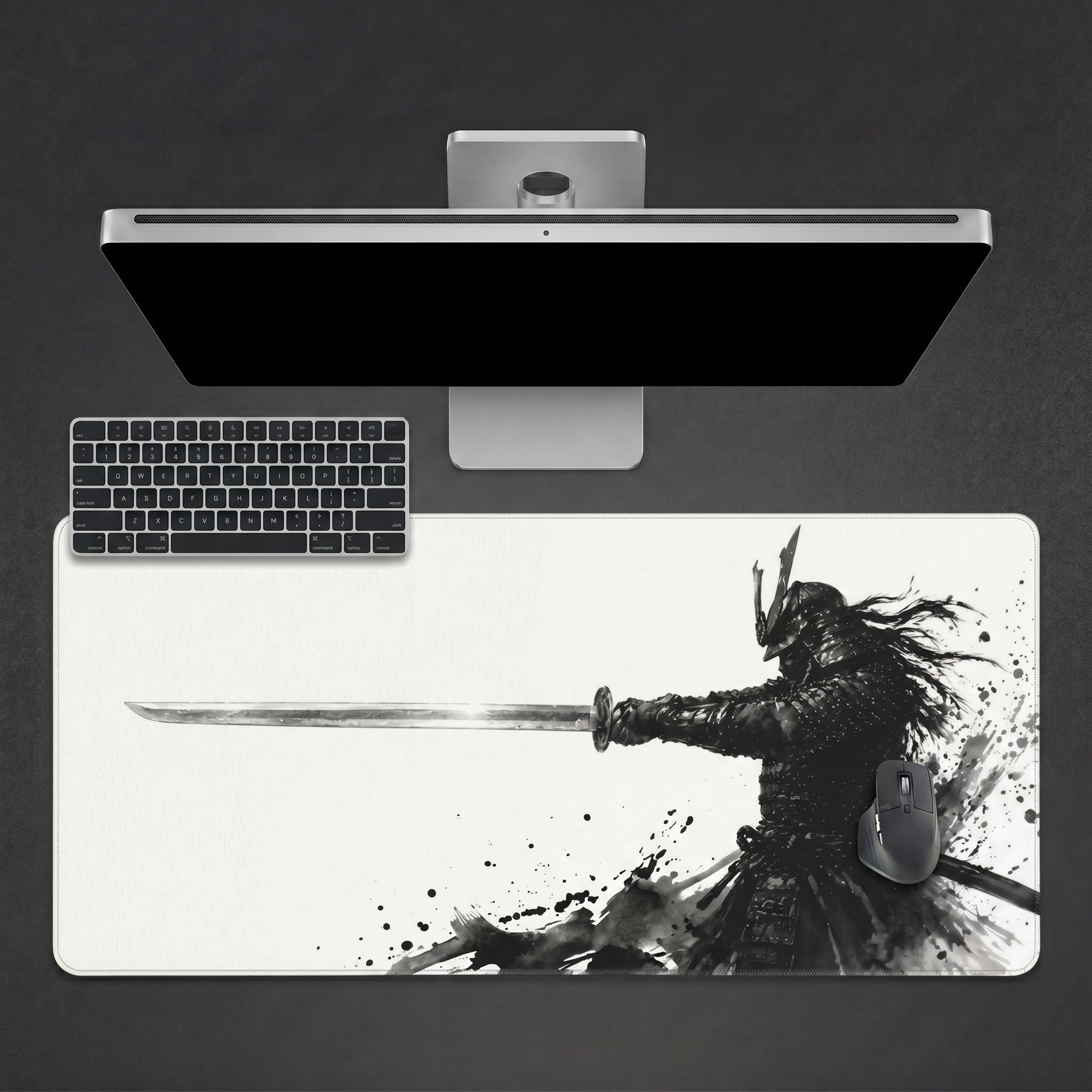 Ink & Steel — Black & White Samurai Desk Mat