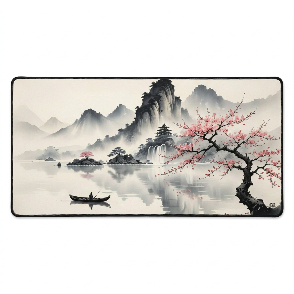Drift — Japanese Ink-Wash Mountain Lake Desk Mat